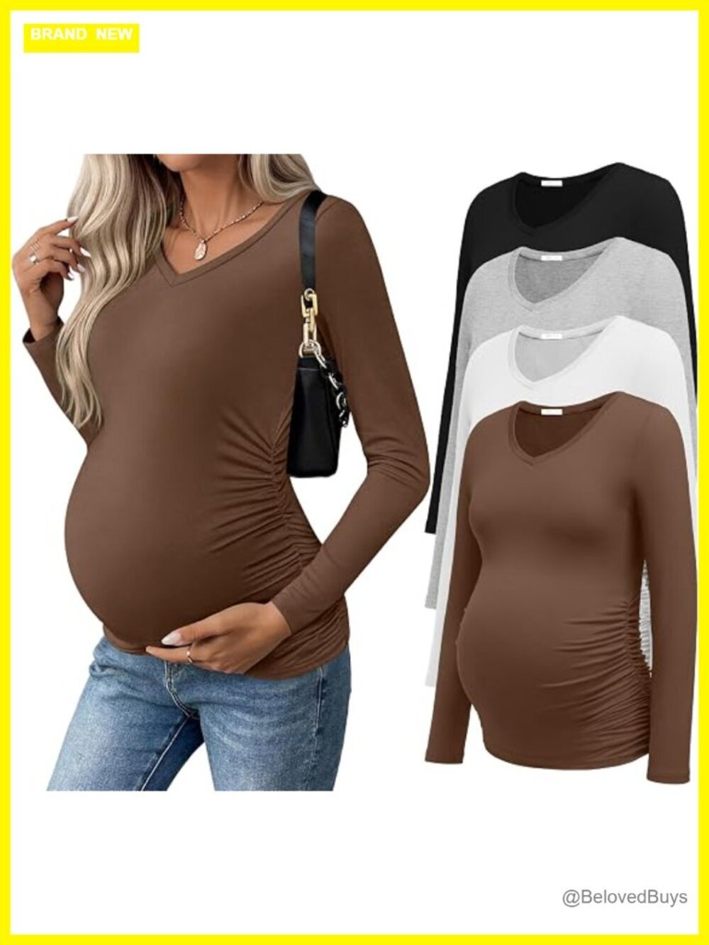 Long Sleeve Maternity Shirts 4 Pack V Neck Side Ruched Tops